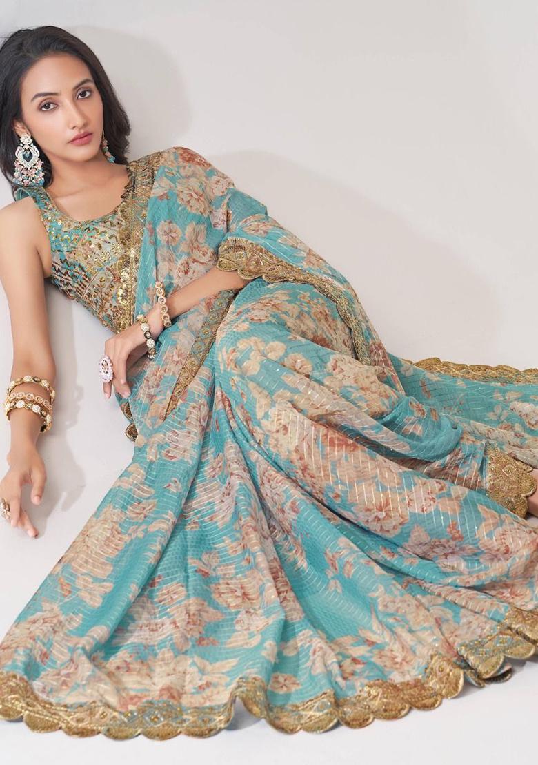 Sky Blue Floral Print Organza Sarees