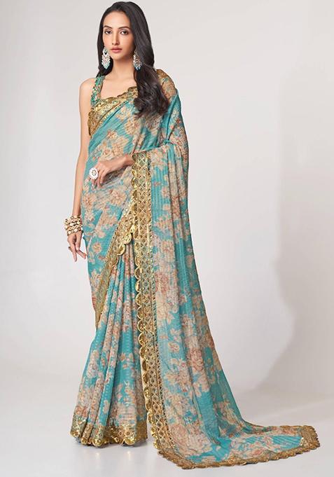 Sky Blue Floral Print Organza Sarees