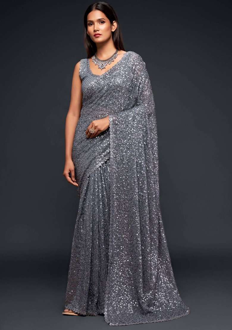 Grey Sequin Embroidered Poly Blend Sarees for Diwali | Wedding & Festive Wear - Indya
