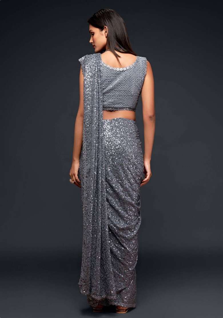 Grey Sequin Embroidered Poly Blend Sarees for Diwali | Wedding & Festive Wear - Indya