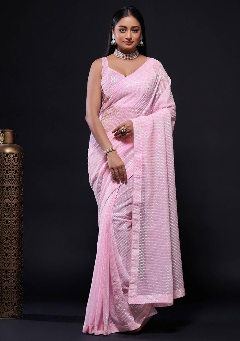 Pink Sequin Embroidered Georgette Sarees