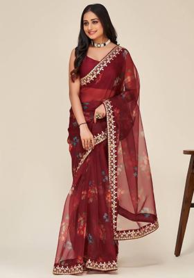 Maroon Floral Print Organza Sarees