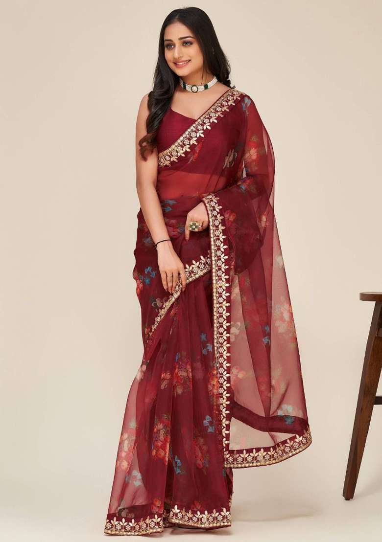 Maroon Floral Print Organza Sarees for Diwali | Wedding & Festive Wear - Indya