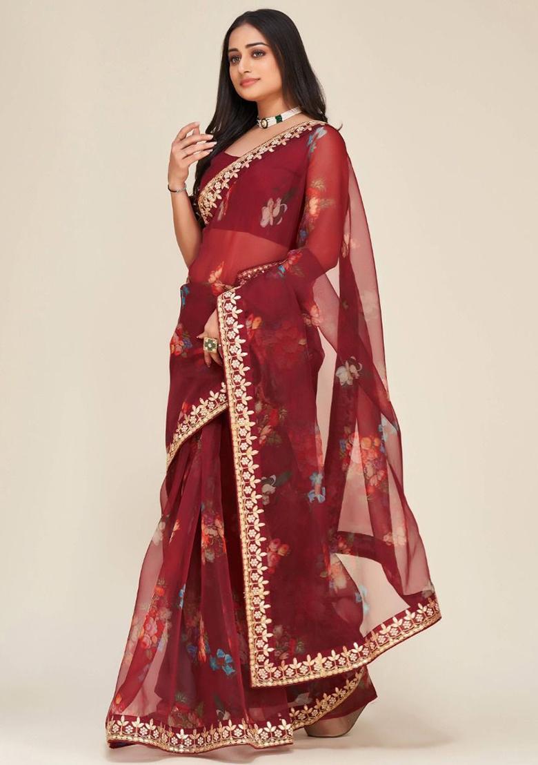 Maroon Floral Print Organza Sarees