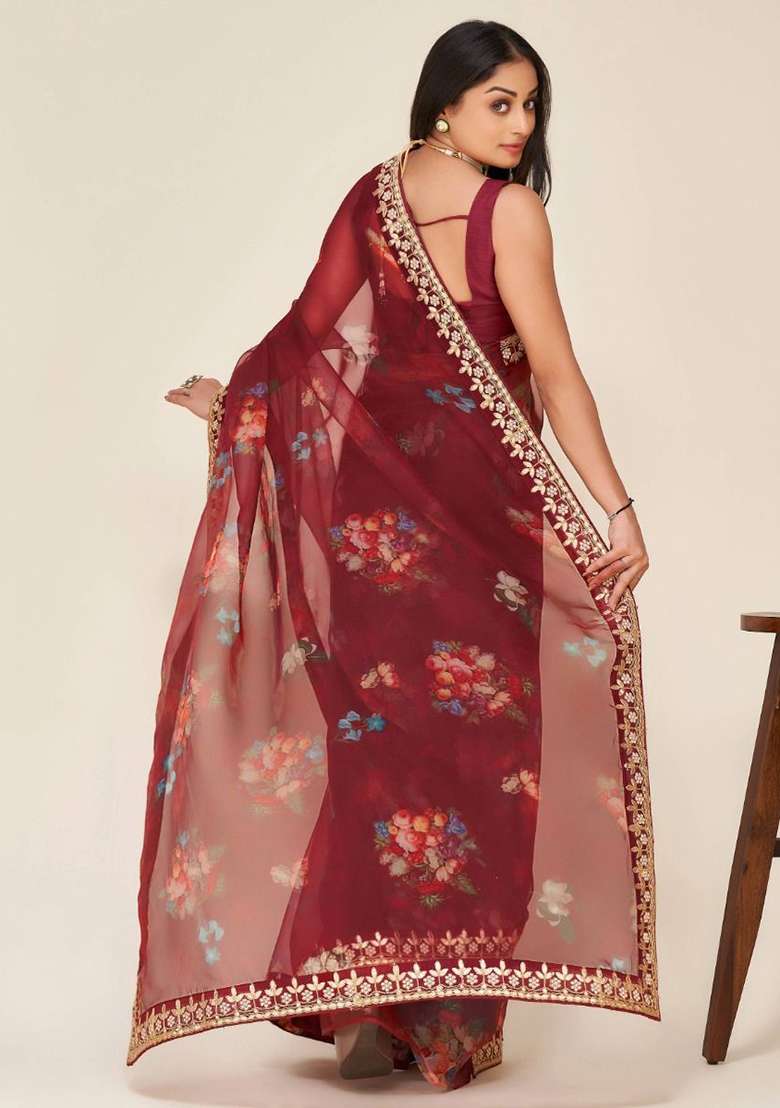 Maroon Floral Print Organza Sarees for Diwali | Wedding & Festive Wear - Indya