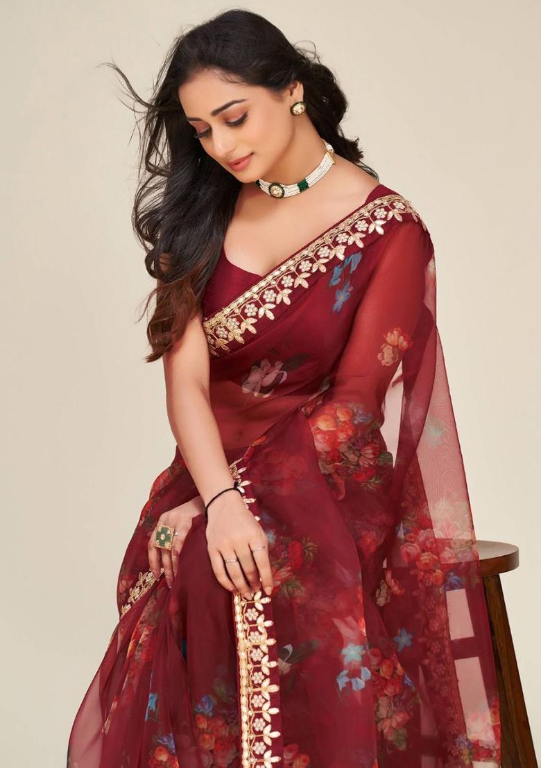 Maroon Floral Print Organza Sarees