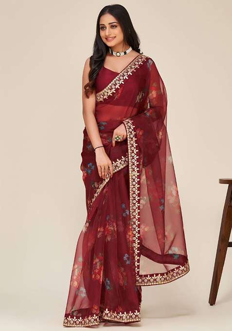 Maroon Floral Print Organza Sarees for Diwali | Wedding & Festive Wear