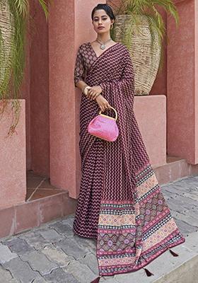 Wine Digital Print Crepe Sarees