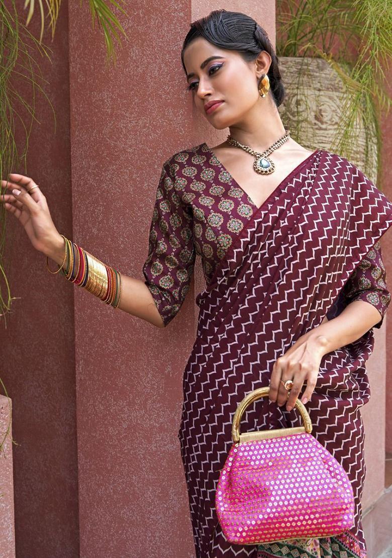 Wine Digital Print Crepe Sarees