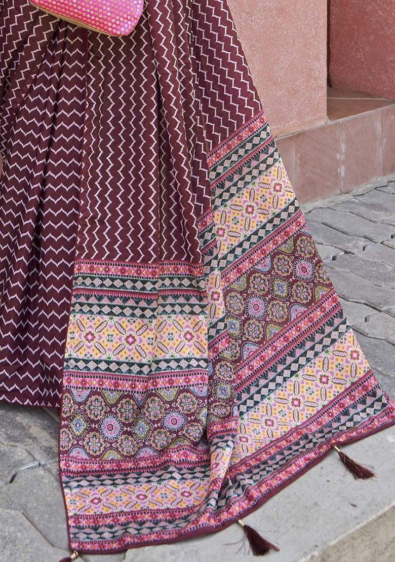 Wine Digital Print Crepe Sarees