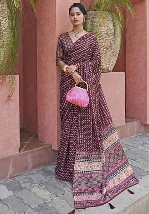 Wine Digital Print Crepe Sarees