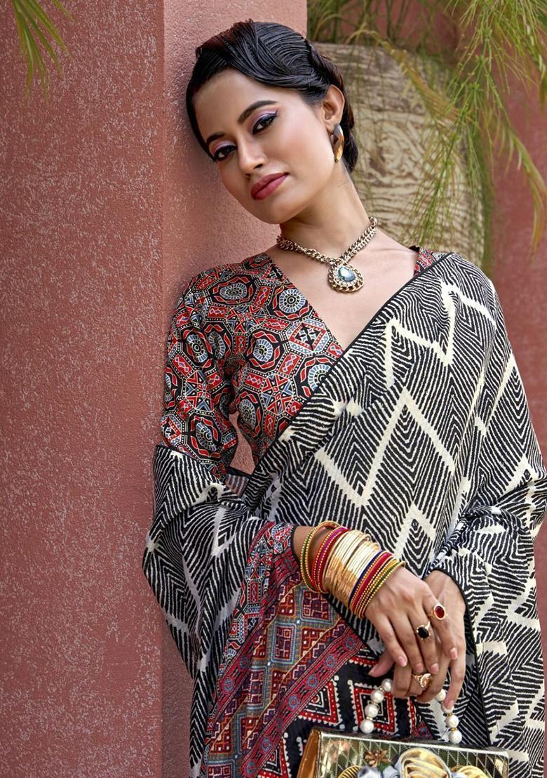 Black Digital Print Crepe Sarees