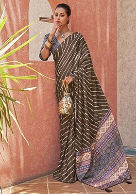 Brown Digital Print Crepe Sarees