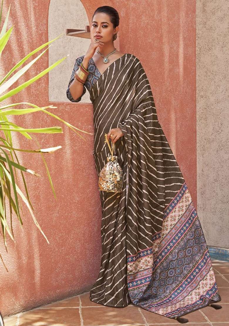 Brown Digital Print Crepe Sarees for Diwali | Wedding & Festive Wear - Indya