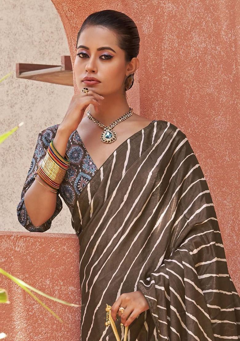 Brown Digital Print Crepe Sarees