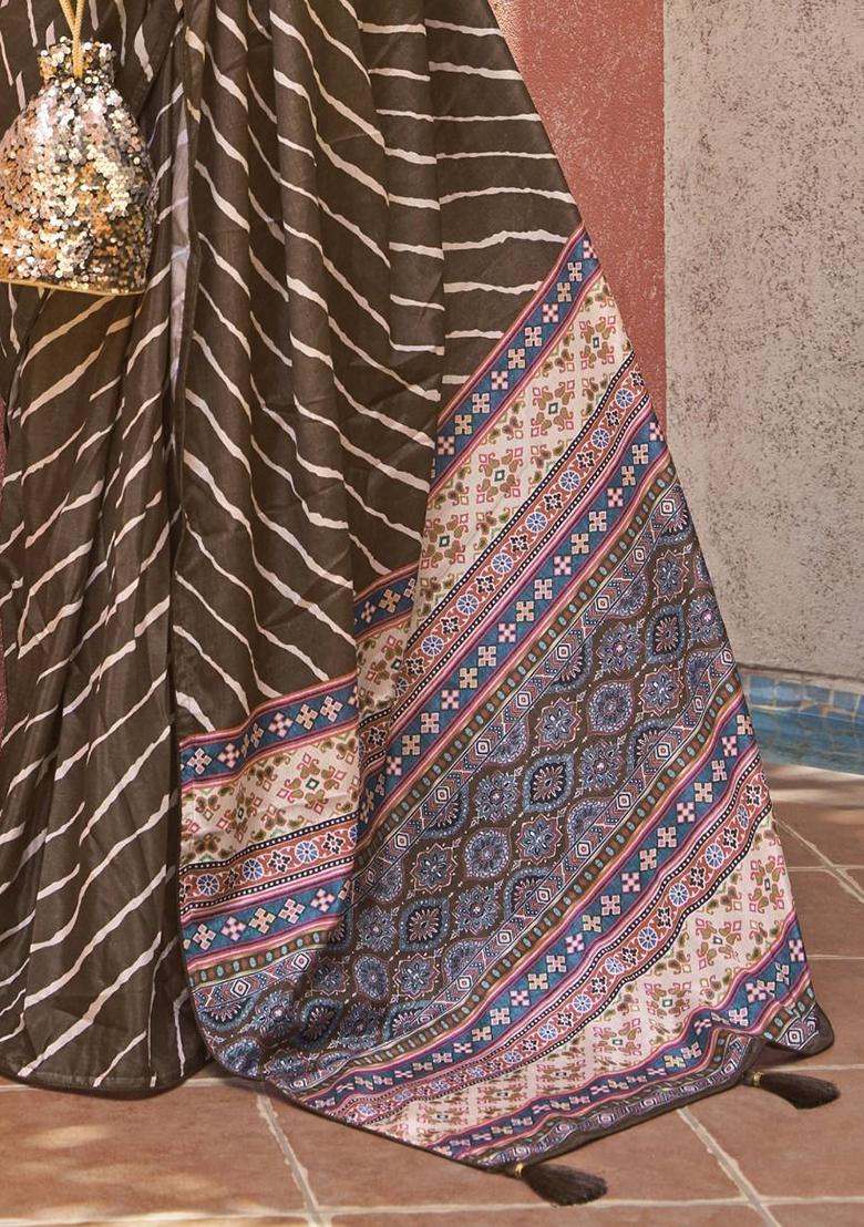 Brown Digital Print Crepe Sarees