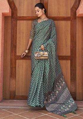 Green Digital Print Crepe Sarees