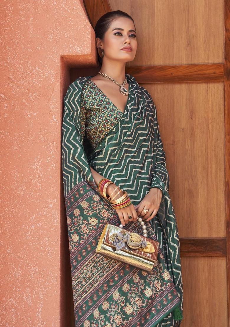 Green Digital Print Crepe Sarees