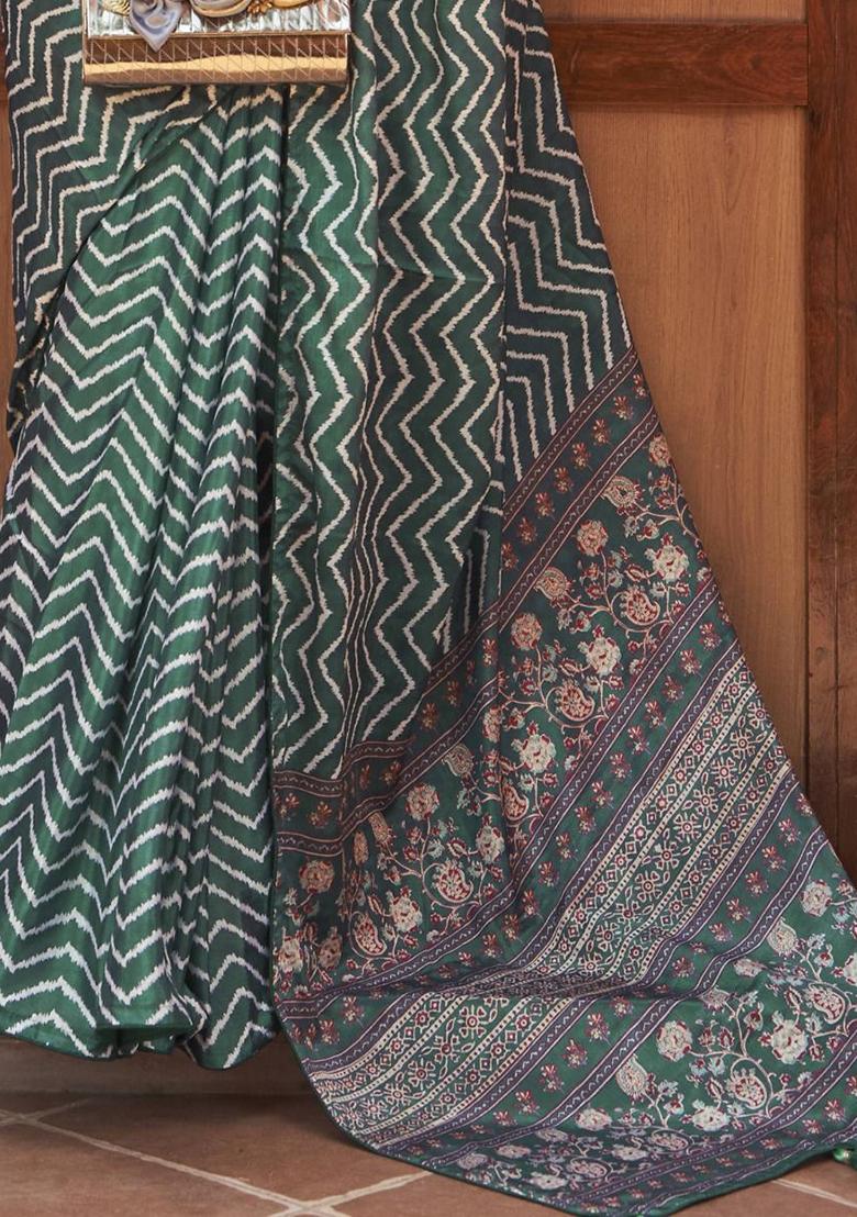 Green Digital Print Crepe Sarees