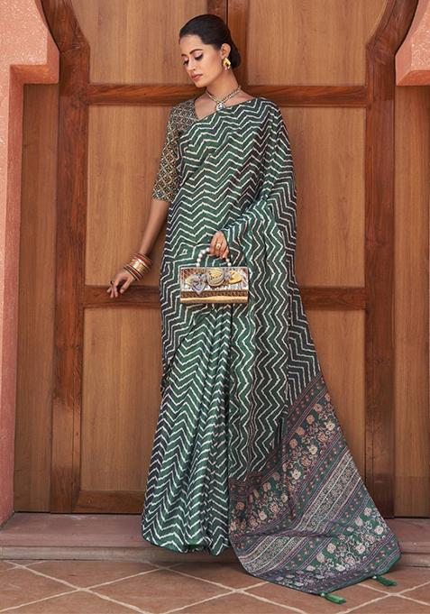 Green Digital Print Crepe Sarees