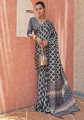 Grey Digital Print Crepe Sarees