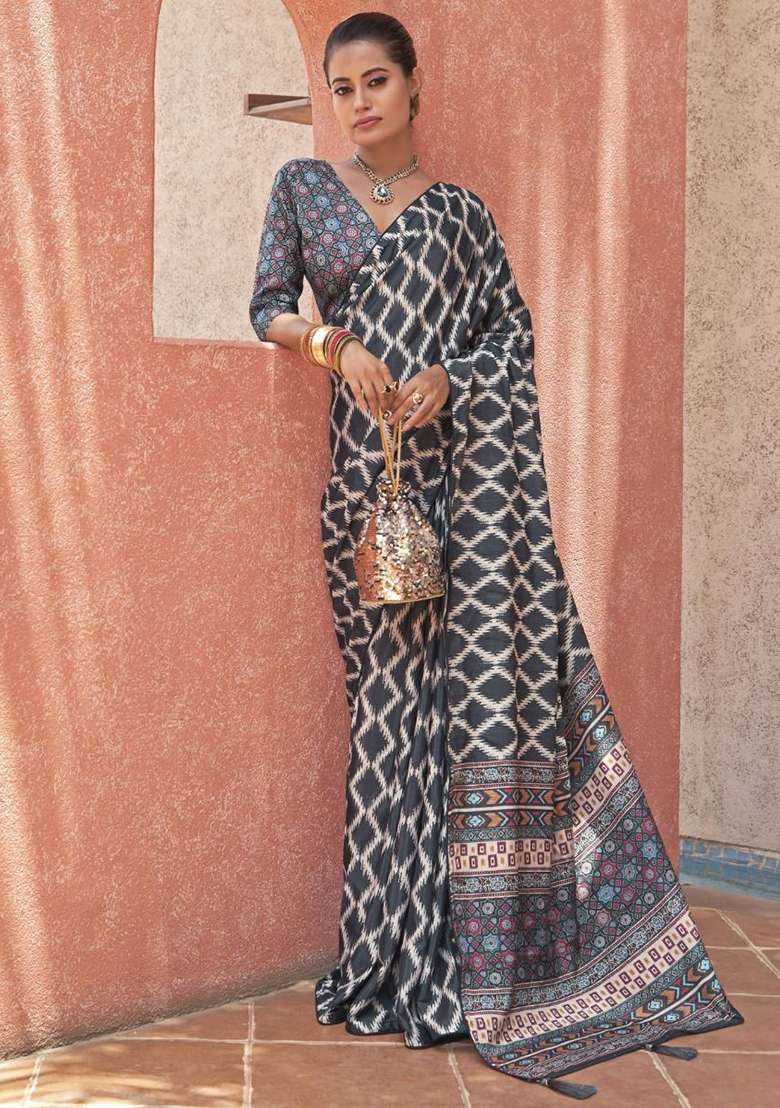 Grey Digital Print Crepe Sarees for Diwali and Festive Wear - Indya