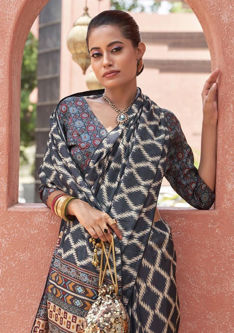 Grey Digital Print Crepe Sarees
