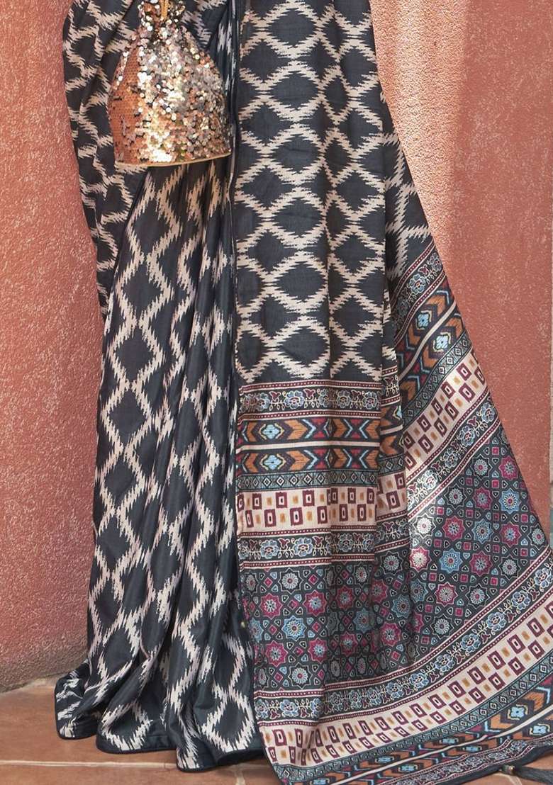 Grey Digital Print Crepe Sarees for Diwali and Festive Wear - Indya