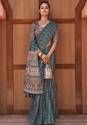 Blue Digital Print Crepe Sarees