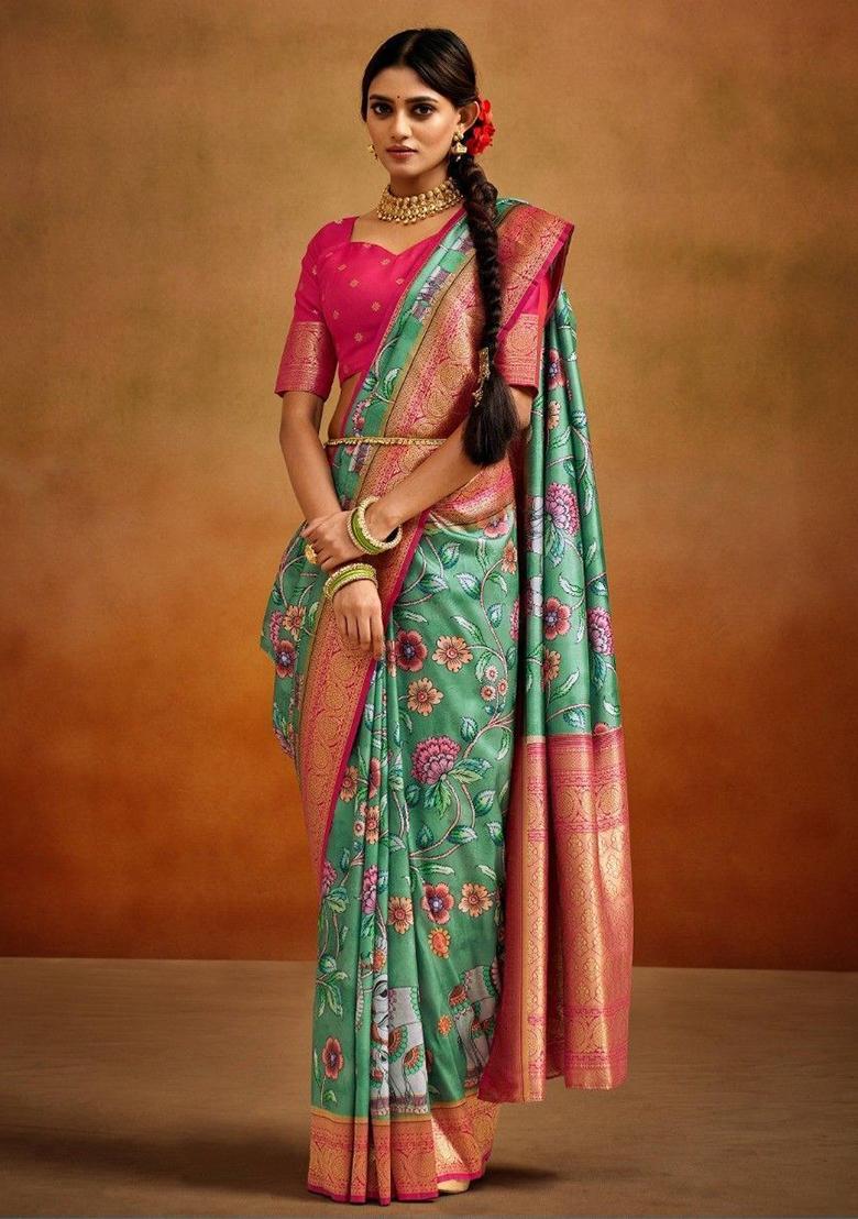 Green Printed Banarasi Silk  Sarees