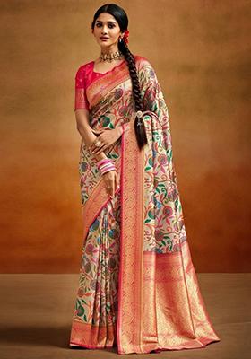 Cream Printed Banarasi Silk  Sarees