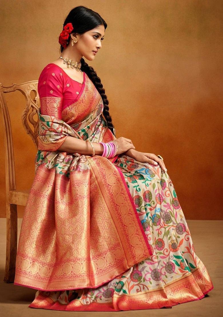 Cream Printed Banarasi Silk  Sarees