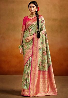 Green Printed Banarasi Silk  Sarees