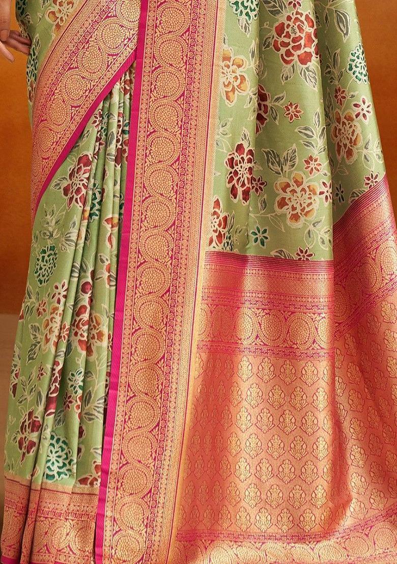 Green Printed Banarasi Silk  Sarees