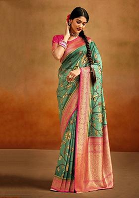 Green Printed Banarasi Silk  Sarees