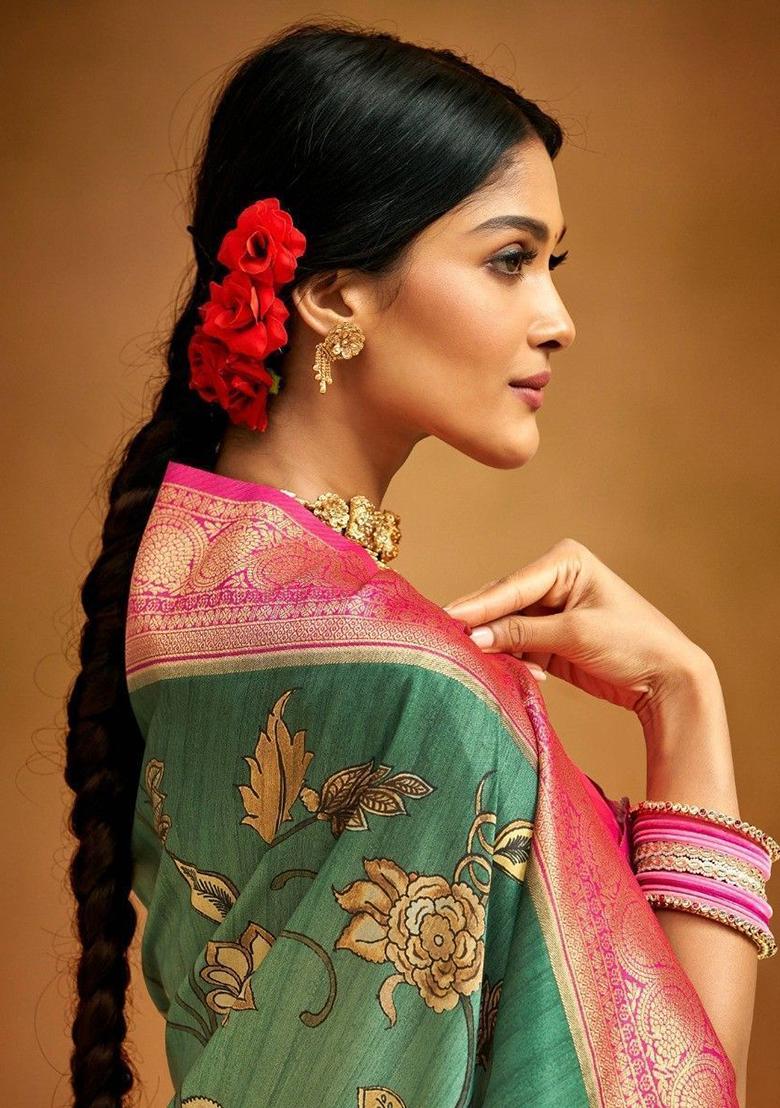 Green Printed Banarasi Silk  Sarees