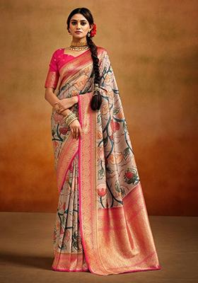 Cream Printed Banarasi Silk  Sarees
