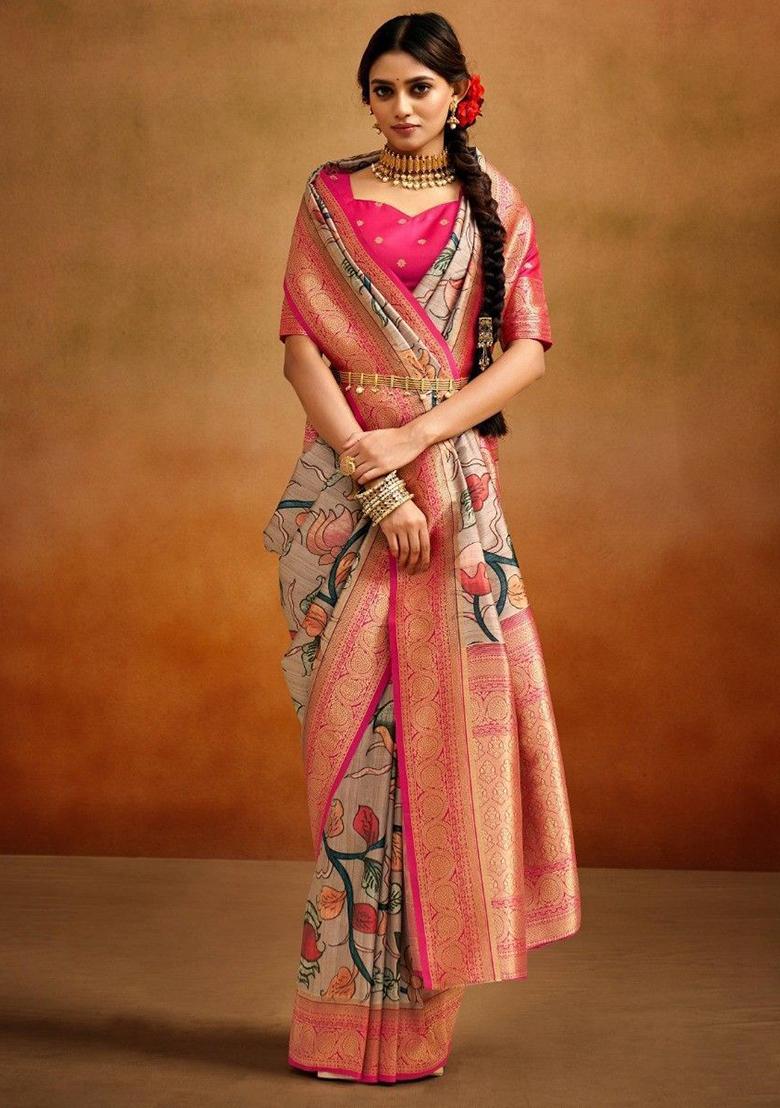 Cream Printed Banarasi Silk  Sarees