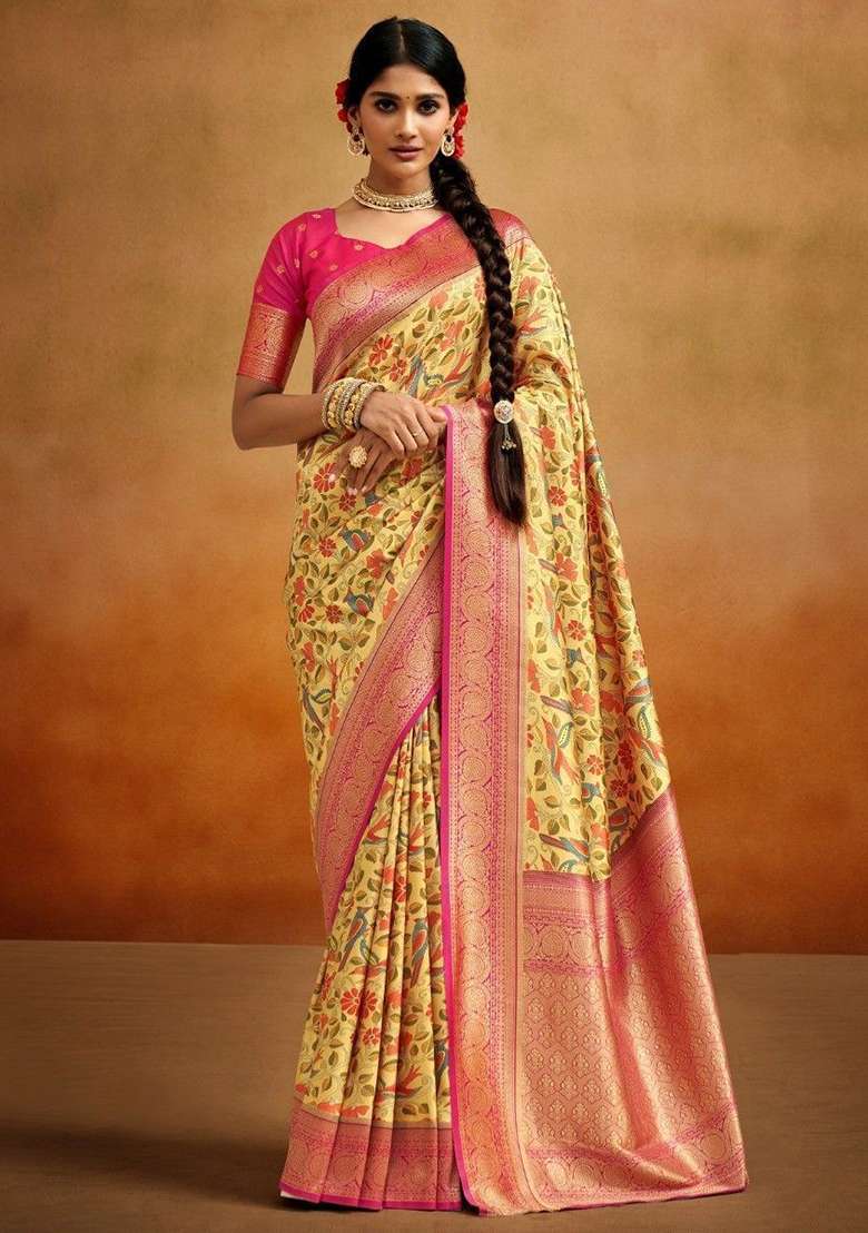 Yellow Printed Banarasi Silk Blend Sarees for Diwali and Festive Wear - Indya