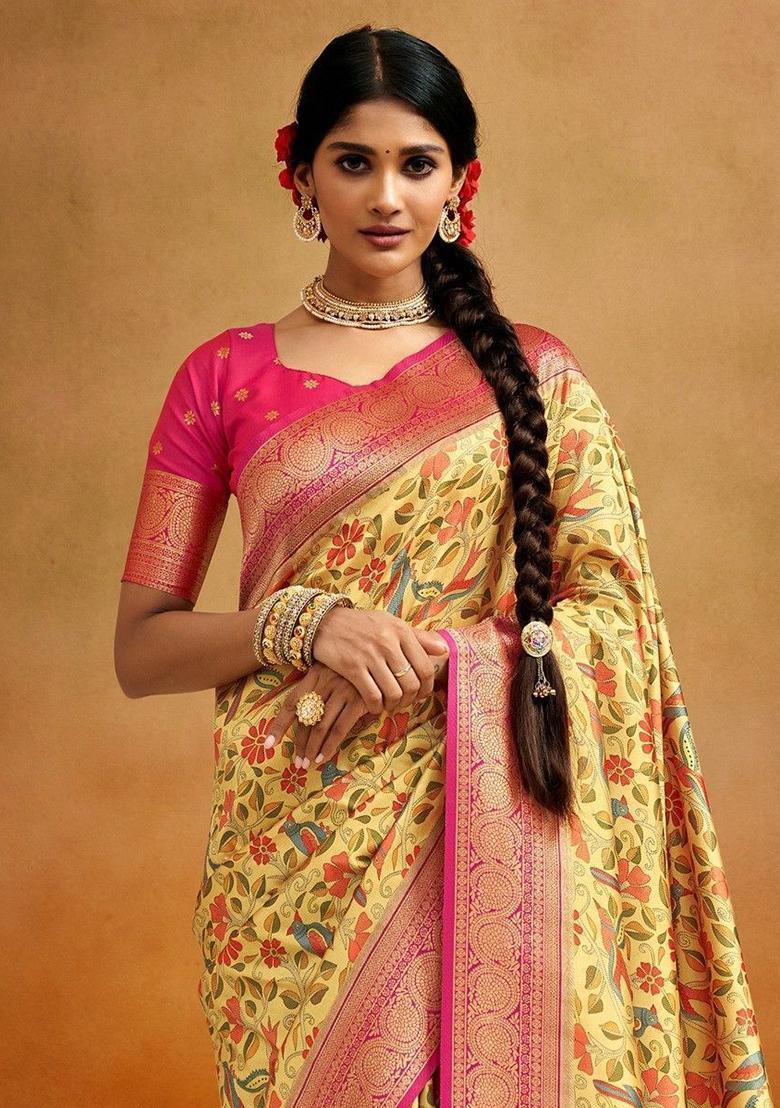 Yellow Printed Banarasi Silk  Sarees