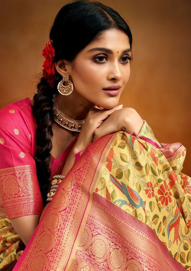 Yellow Printed Banarasi Silk Blend Sarees for Diwali and Festive Wear - Indya