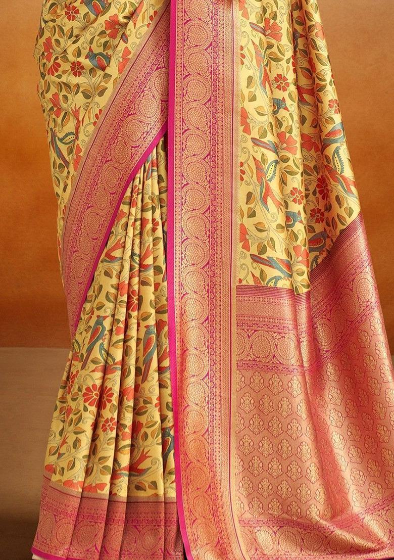 Yellow Printed Banarasi Silk  Sarees