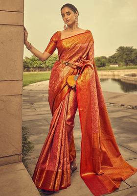 Orange Zari Weaving Silk Sarees