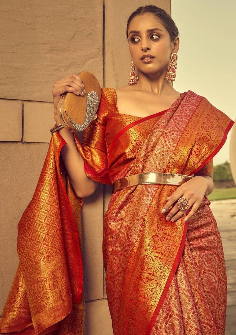 Orange Zari Weaving Silk Sarees