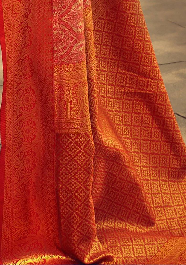 Orange Zari Weaving Silk Sarees