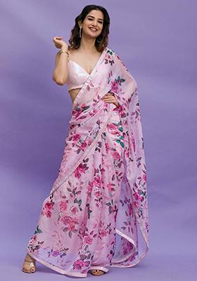 Pink Floral Print Chinon Sarees