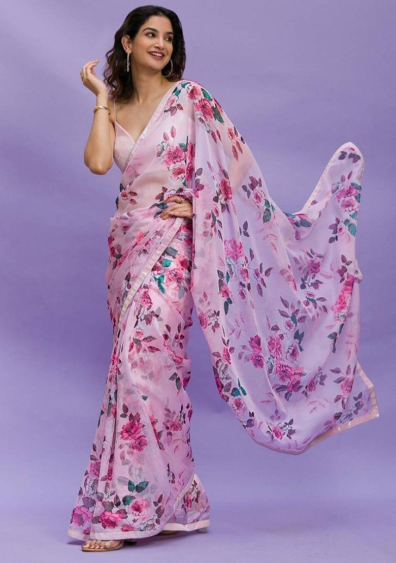 Pink Floral Print Chinon Sarees