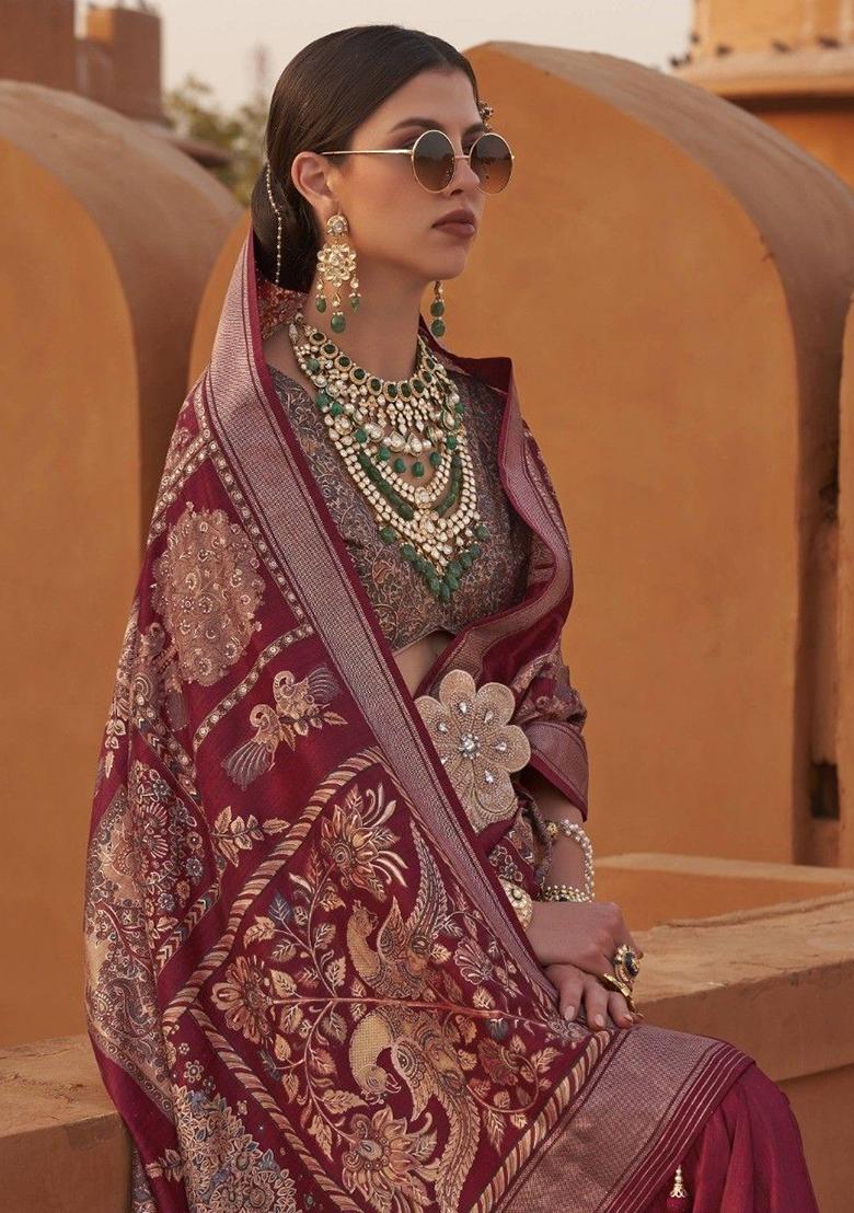 Maroon Digital Print Silk Sarees