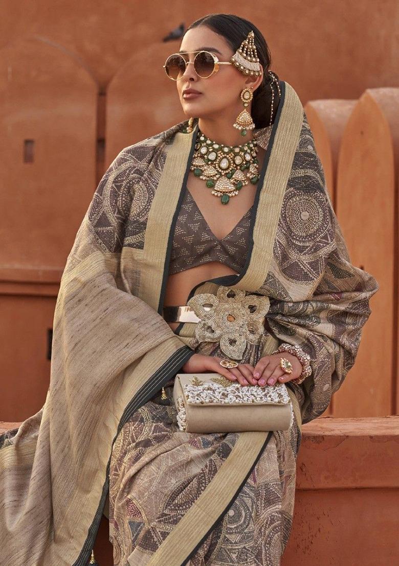 Brown Digital Print Silk Sarees