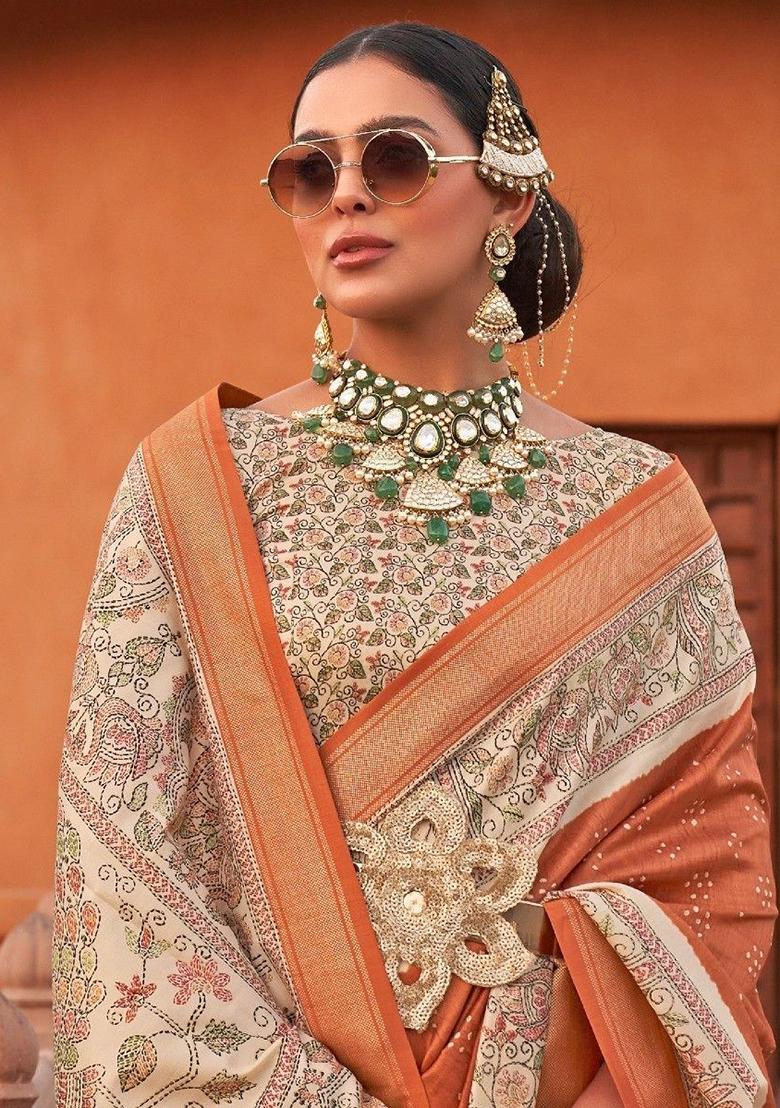 Orange Digital Print Silk Sarees